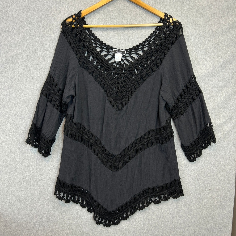Vivid Size 1X Coverup Blouse Black Crochet V-Neck 3/4 Sleeve Boho Festival Indie